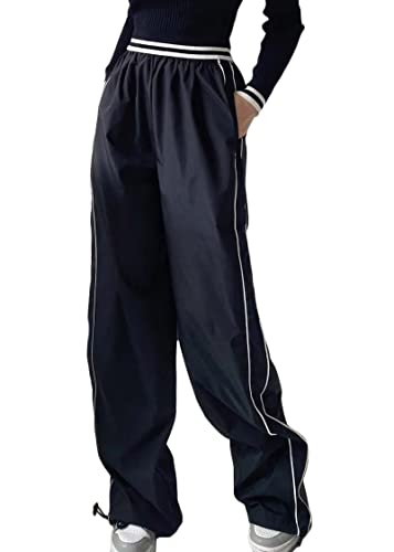 shownicer Damen Baggy Hose Cargohose Y2K Track Pants Streetwear Elastische Taille Hose Low Waist Freizeithose Vintage Oversize 90er E-Girl Breite Trousers Jogginghose E Schwarz M von shownicer