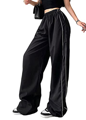 shownicer Damen Baggy Hose Cargohose Y2K Track Pants Streetwear Elastische Taille Hose Low Waist Freizeithose Vintage Oversize 90er E-Girl Breite Trousers Jogginghose F Schwarz M von shownicer