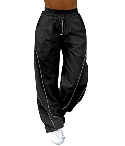 shownicer Damen Baggy Hose Cargohose Y2K Track Pants Streetwear Elastische Taille Hose Low Waist Freizeithose Vintage Oversize 90er E-Girl Breite Trousers Jogginghose G Schwarz XS von shownicer