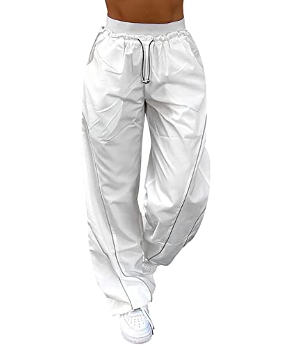 shownicer Damen Baggy Hose Cargohose Y2K Track Pants Streetwear Elastische Taille Hose Low Waist Freizeithose Vintage Oversize 90er E-Girl Breite Trousers Jogginghose G Weiß L von shownicer