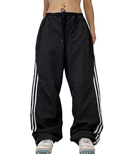 shownicer Damen Baggy Hose Cargohose Y2K Track Pants Streetwear Elastische Taille Hose Low Waist Freizeithose Vintage Oversize 90er E-Girl Breite Trousers Jogginghose I Schwarz L von shownicer