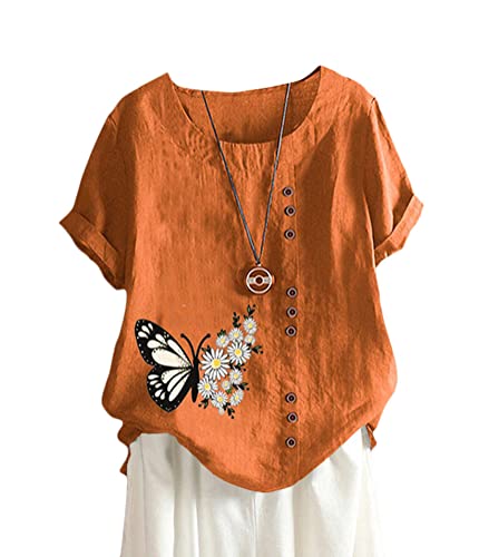 shownicer Damen Baumwoll Leinen T-Shirt Sommer Damen Bluse Tunika O-Ausschnitt Lose Baumwolle Hemd Oberteile Löwenzahn Print Shirt Kurzarm Rundhals Casual Top D Orange 3XL von shownicer