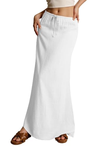 shownicer Damen Baumwolle Leinen Rock Elastische Taille Maxirock Hohe Taille Langer Sommerrock Freizeitrock A Weiß XL von shownicer