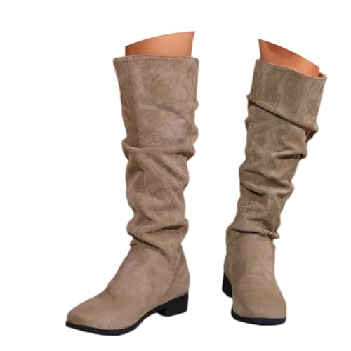 shownicer Stiefel Damen Bequeme Wildleder Elegant Absatz Westernstiefel Runde Zehen Hohe Einfarbige Langschaft Boots Damenstiefel B Khaki 41 von shownicer