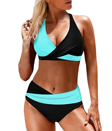 shownicer Damen Bikini Set Bandeau Gesmokte Bademode High Waist Zweiteiliger Badeanzug Gepolstert Bikini Set Neckholder Bikini Oberteil High Waist Wickel Bikinihose D Blau XL von shownicer