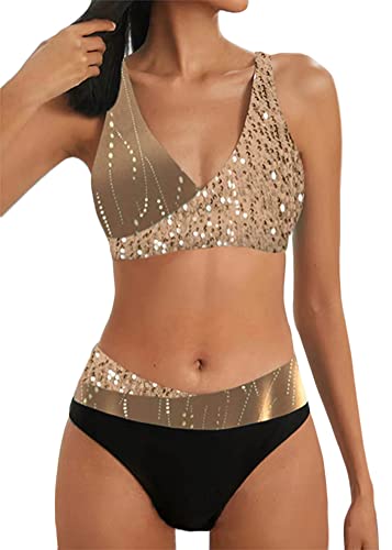 shownicer Damen Bikini Set Elegante Zweiteilige Streifen Push Up Tanga Badebekleidung Hoch Geschnittener Bikini Weicher Bequemer Schulterfreier Badeanzug Badeanzüge Bademode Swimsuit D Gold S von shownicer