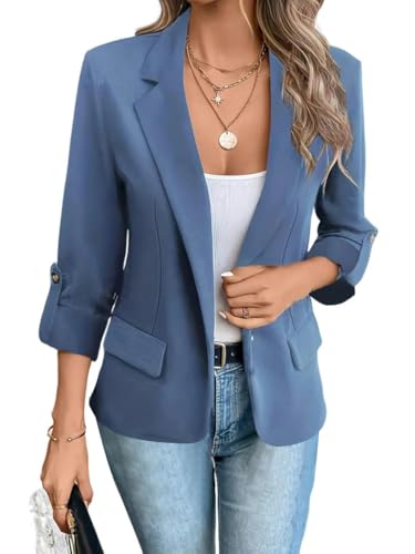 shownicer Damen Blazer Casual Langarm Open Front Einfarbig Revers Anzugjacke Arbeit Büro Business Jacke Mit Taschen A Blau XL von shownicer