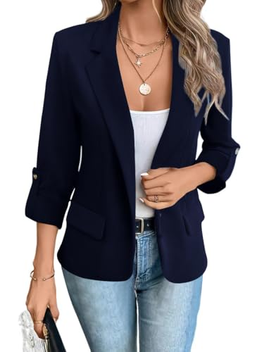 shownicer Damen Blazer Casual Langarm Open Front Einfarbig Revers Anzugjacke Arbeit Büro Business Jacke Mit Taschen A Marine M von shownicer