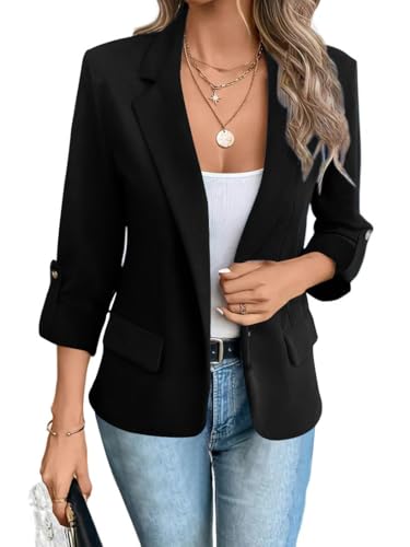 shownicer Damen Blazer Casual Langarm Open Front Einfarbig Revers Anzugjacke Arbeit Büro Business Jacke Mit Taschen A Schwarz M von shownicer
