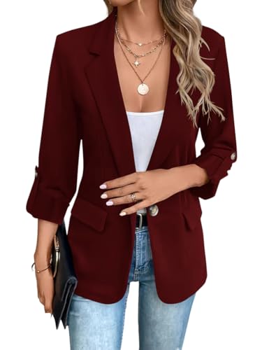 shownicer Damen Blazer Casual Langarm Open Front Einfarbig Revers Anzugjacke Arbeit Büro Business Jacke Mit Taschen A Weinrot L von shownicer