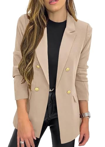 shownicer Damen Blazer Casual Open Front Cardigan Langarm Elegant Blazer Sakko Einfarbig Slim Fit Revers Geschäft Büro Jacke Kurz Mantel Anzüge Bolero mit Tasche A Aprikose XL von shownicer