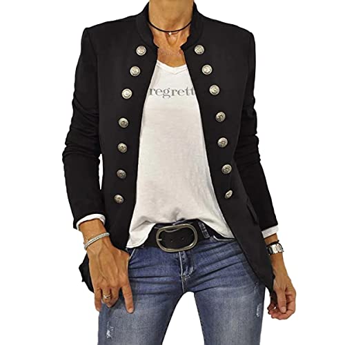 shownicer Damen Blazer Elegant Anzugjacke Mantel mit Knopfleiste Military Blazer Lang Slim Fit Freizeit Stehkragen Business Büro Anzug Jacken Blazer A Schwarz L von shownicer