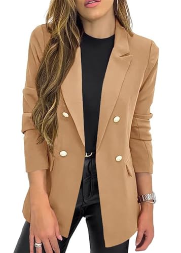 shownicer Damen Blazer Elegant Langarm Business Outfit Übergröße Zweireihig Reverskragen LangBlazer Frauen Offen Vorne Solide Geschäft Anzug A Khaki M von shownicer