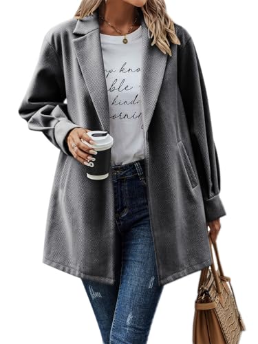 shownicer Damen Blazer Jacke Lang Elegant Übergangsjacke Langarm Cardigan mit Taschen und Knopf Freizeitblazer Herbst Winter Büro Jacke Business Bolero A Grau L von shownicer