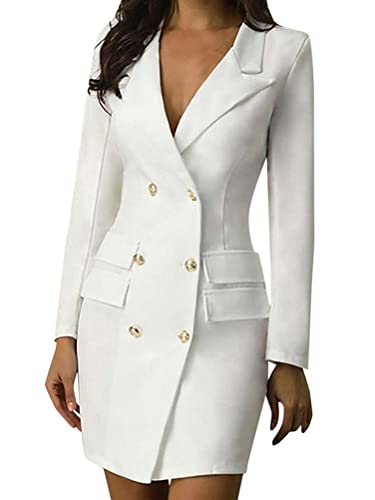 shownicer Damen Blazer Kleid Frauen Elegant Langarm V-Ausschnitt Hemdkleid Business Lange Knopf Anzug Bodycon Midikleid Büro Zweireihig Mode Jacke Mantel X1 Weiß XL von shownicer