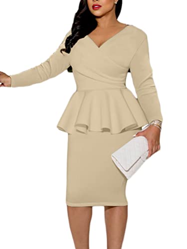 shownicer Damen Bodycon Bleistiftkleid Elegant Lange Ärmel Business Kleider Retro Einfarbig Knielang Bodycon Hohe Taille Kleid Wickelkleid Cocktailkleid A Khaki S von shownicer