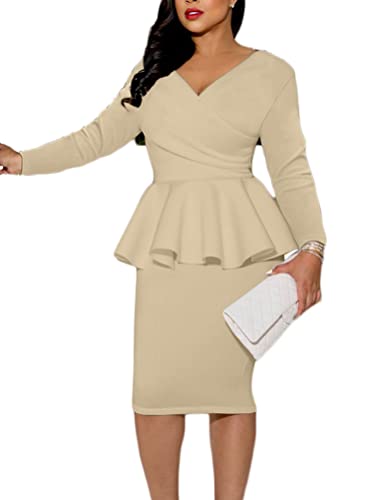 shownicer Damen Bodycon Bleistiftkleid Elegant Lange Ärmel Business Kleider Retro Einfarbig Knielang Bodycon Hohe Taille Kleid Wickelkleid Cocktailkleid A Khaki XXL von shownicer