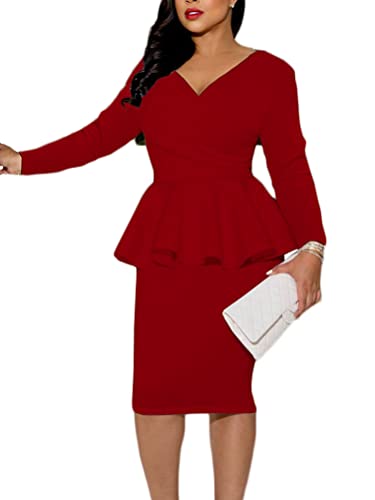 shownicer Damen Bodycon Bleistiftkleid Elegant Lange Ärmel Business Kleider Retro Einfarbig Knielang Bodycon Hohe Taille Kleid Wickelkleid Cocktailkleid A Rot L von shownicer