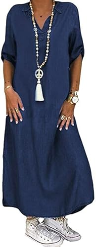 shownicer Damen Boho Jeanskleid Sommerkleid Frauen Casual Loose Jeans Kleider V-Ausschnitt Lange Ärmel Einfarbig Faltenrock A-Linie Maxi Denimkleid Tunika Hemd Blusenkleid B Dunkelblau XL von shownicer