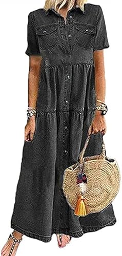 shownicer Damen Boho Jeanskleid Sommerkleid Frauen Casual Loose Jeans Kleider V-Ausschnitt Lange Ärmel Einfarbig Faltenrock A-Linie Maxi Denimkleid Tunika Hemd Blusenkleid C Blau S von shownicer