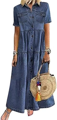 shownicer Damen Boho Jeanskleid Sommerkleid Frauen Casual Loose Jeans Kleider V-Ausschnitt Lange Ärmel Einfarbig Faltenrock A-Linie Maxi Denimkleid Tunika Hemd Blusenkleid C Dunkelblau L von shownicer