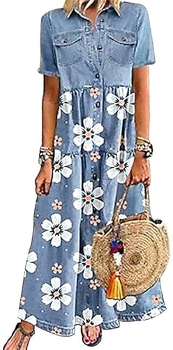 shownicer Damen Boho Jeanskleid Sommerkleid Frauen Casual Loose Jeans Kleider V-Ausschnitt Lange Ärmel Einfarbig Faltenrock A-Linie Maxi Denimkleid Tunika Hemd Blusenkleid D Hellblau XL shownicer Damen Boho Jeanskleid Sommerkleid Frauen Casual Loose Jeans Kleider V-Ausschnitt Lange Ärmel Einfarbig Faltenrock A-Linie Maxi Denimkleid Tunika Hemd Blusenkleid D Hellblau XL von shownicer
