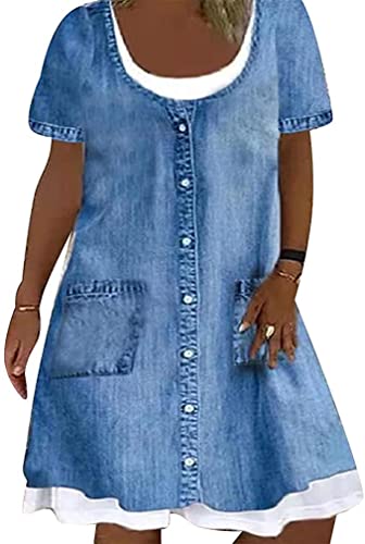 shownicer Damen Boho Jeanskleid Sommerkleid Frauen Casual Loose Jeans Kleider V-Ausschnitt Lange Ärmel Einfarbig Faltenrock A-Linie Maxi Denimkleid Tunika Hemd Blusenkleid F1 Blau 3XL von shownicer