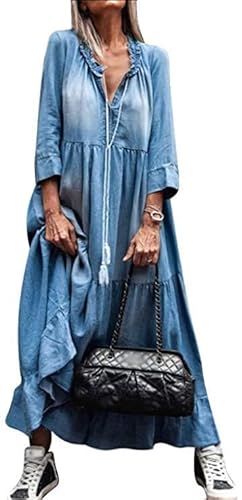 shownicer Damen Boho Jeanskleid Sommerkleid Frauen Casual Loose Jeans Kleider V-Ausschnitt Lange Ärmel Einfarbig Faltenrock A-Linie Maxi Denimkleid Tunika Hemd Blusenkleid J Blau XL von shownicer