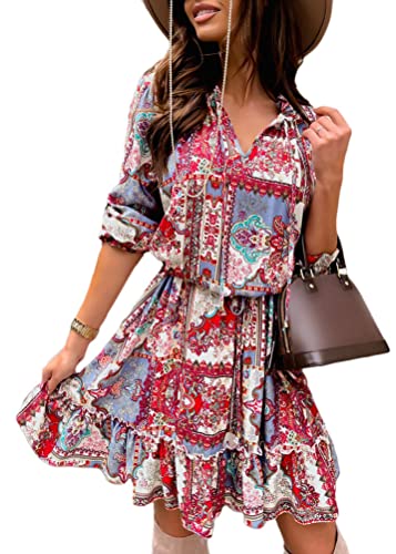 shownicer Damen Boho Kleider Strandkleid Tunika Sommerkleid V-Ausschnitt Blumenkleid Lose A-Linie 3/4-Arm Mini Kleider Spitze Quaste Freizeit Kleid I Rot M von shownicer