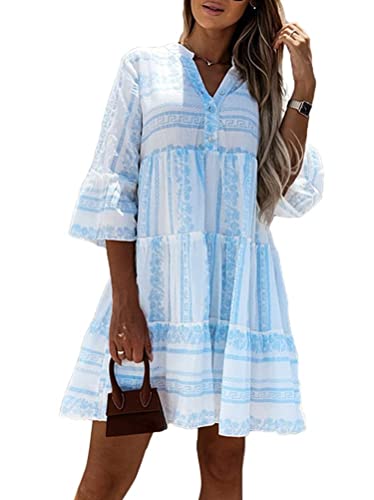 shownicer Damen Boho Kleider Strandkleid Tunika Sommerkleid V-Ausschnitt Blumenkleid Lose A-Linie 3/4-Arm Mini Kleider Spitze Quaste Freizeit Kleid J Blau M von shownicer