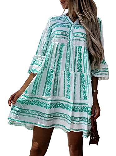 shownicer Damen Boho Kleider Strandkleid Tunika Sommerkleid V-Ausschnitt Blumenkleid Lose A-Linie 3/4-Arm Mini Kleider Spitze Quaste Freizeit Kleid J Grün S von shownicer