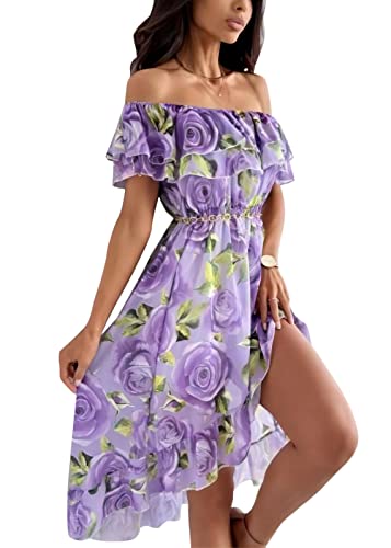 shownicer Damen Boho Sommerkleider Blumen Kurzarm Retro Knielang Strandkleider V Ausschnitt Elegant Mit Gürtel Maxikleid C Violett M von shownicer