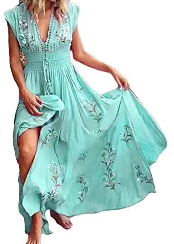 shownicer Damen Boho Sommerkleider V-Ausschnitt A-Linie Kleid Blumen Kurzarm High Waist Maxi Kleider Tunikakleid Strandkleid A Blau L von shownicer