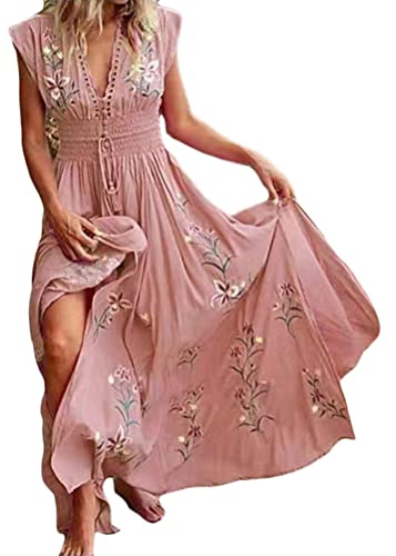 shownicer Damen Boho Sommerkleider V-Ausschnitt A-Linie Kleid Blumen Kurzarm High Waist Maxi Kleider Tunikakleid Strandkleid A Rosa XL von shownicer