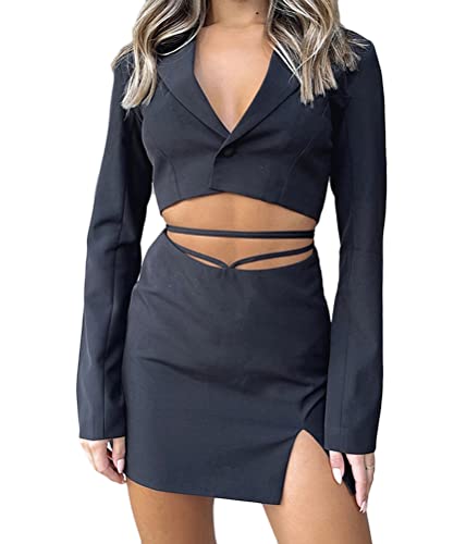 shownicer Damen Business 2-teiliger Anzug Rock Anzug Zweiteiler Elegant Einfarbig Anzug Set Puffärmel Blazer Anzugjacke und A-Linie Rock D Schwarz L von shownicer