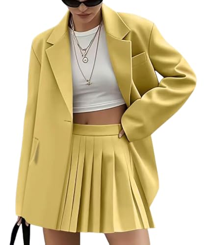 shownicer Damen Business 2-teiliger Plissee Rock Anzug Zweiteiler Elegant Einfarbig Set Blazer Anzugjacke und A-Linie Rock A Gelb M von shownicer