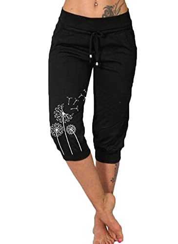 shownicer Damen Capri 3/12 Hose Kurze Caprihose Sommer Bermuda Stretch Stoffhose Sommerhose Knielang Leggings Freizeithose Relaxhose Sportleggings Yogahose Z Schwarz L von shownicer