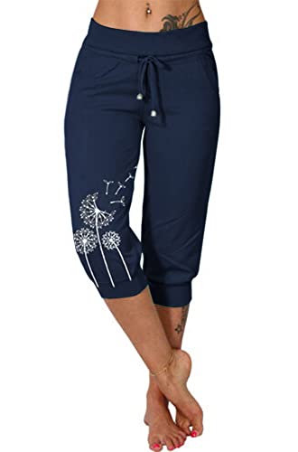 shownicer Damen Capri 3/14 Hose Kurze Caprihose Sommer Bermuda Stretch Stoffhose Sommerhose Knielang Leggings Freizeithose Relaxhose Sportleggings Yogahose Z Blau M von shownicer