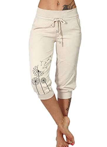 shownicer Damen Capri 3/18 Hose Kurze Caprihose Sommer Bermuda Stretch Stoffhose Sommerhose Knielang Leggings Freizeithose Relaxhose Sportleggings Yogahose Z Beige XS von shownicer