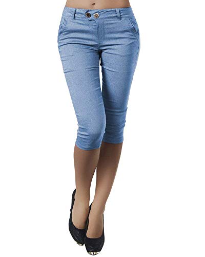 shownicer Damen Capri 3/4 Hose Kurze Caprihose Sommer Bermuda Stretch Stoffhose Sommerhose Knielang Leggings Freizeithose Relaxhose Sportleggings Yogahose X Blau 3XL von shownicer