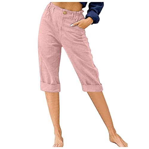 shownicer Damen Caprihose 3/4 Jogginghose High Waist Sporthose Yoga Fitness Freizeithose Sweathose Baggy Elastischen Kordelzug Shorts mit Taschen A Rosa L von shownicer