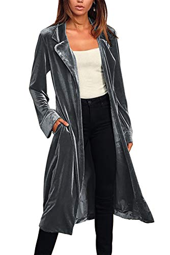 shownicer Damen Cardigan Lang Dünne Jacke Langarm Offene Lose Retro Samt Strickjacke Lässig Casual Jacket Outwear mit Taschen C Grau M von shownicer