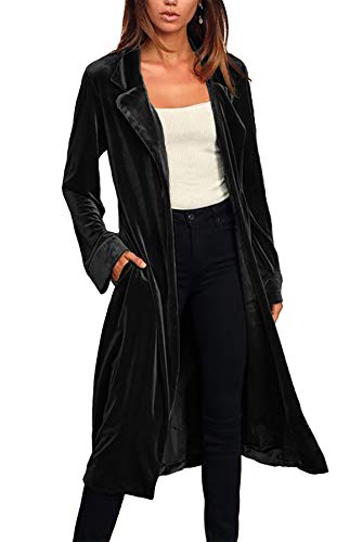 shownicer Damen Cardigan Lang Dünne Jacke Langarm Offene Lose Retro Samt Strickjacke Lässig Casual Jacket Outwear mit Taschen C Schwarz M von shownicer
