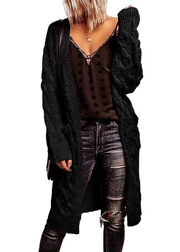 shownicer Damen Cardigan Lang Strickjacke Langarm Grobstrickjacke Strickmantel mit Taschen Herbst Winter Strickcardigan Jacke Open Front Sweater Outerwear A Schwarz L von shownicer