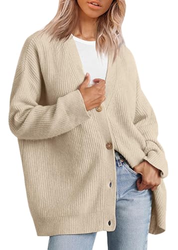 shownicer Damen Cardigan Langarm Strickjacke Open Front Sweater mit Knopf Casual Locker Strickcardigan V-Ausschnitt Button Down Pullover Mantel Herbst Winter Strickmantel A Aprikose S von shownicer