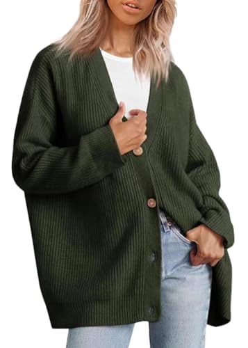 shownicer Damen Cardigan Langarm Strickjacke Open Front Sweater mit Knopf Casual Locker Strickcardigan V-Ausschnitt Button Down Pullover Mantel Herbst Winter Strickmantel A Armeegrün 3XL von shownicer