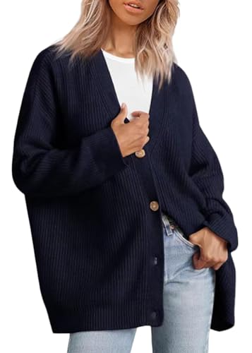 shownicer Damen Cardigan Langarm Strickjacke Open Front Sweater mit Knopf Casual Locker Strickcardigan V-Ausschnitt Button Down Pullover Mantel Herbst Winter Strickmantel A Dunkelblau M von shownicer