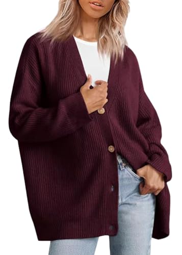 shownicer Damen Cardigan Langarm Strickjacke Open Front Sweater mit Knopf Casual Locker Strickcardigan V-Ausschnitt Button Down Pullover Mantel Herbst Winter Strickmantel A Dunkelrot 3XL von shownicer