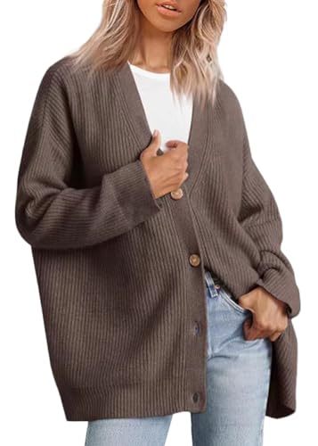shownicer Damen Cardigan Langarm Strickjacke Open Front Sweater mit Knopf Casual Locker Strickcardigan V-Ausschnitt Button Down Pullover Mantel Herbst Winter Strickmantel A Kaffee2 M von shownicer