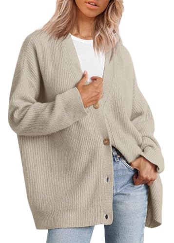 shownicer Damen Cardigan Langarm Strickjacke Open Front Sweater mit Knopf Casual Locker Strickcardigan V-Ausschnitt Button Down Pullover Mantel Herbst Winter Strickmantel A Khaki1 M von shownicer